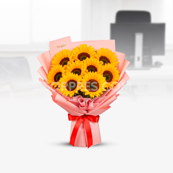 Descubre los mas lindos arreglos en Cusco. Ramo de 9 girasoles envuelto en papel coreano y lazo rojo. Floreria Sorpres en Cusco