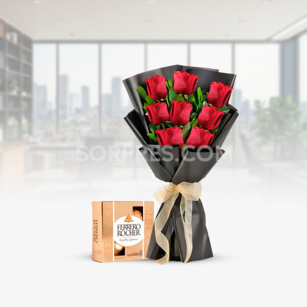 Ramo de rosas con chocolate Ferrero Rocher. perfecta combinación para sorprender con Florerías Sorpres en Cusco