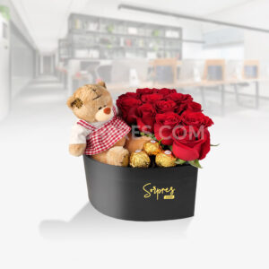 Caja de rosas con ferrero rocher y peluche. El mejor regalo de San Valentín